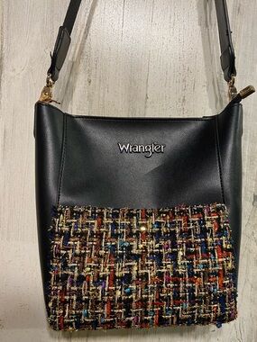 Wrangler Black Gold Tweed Pocket Faux Leather Crossbody Bucket Bag